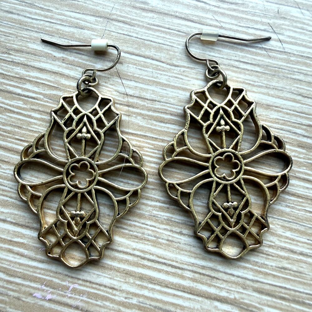 Gold Tone Filigree Medallion Dangle Earrings Boho Statement Jewelry